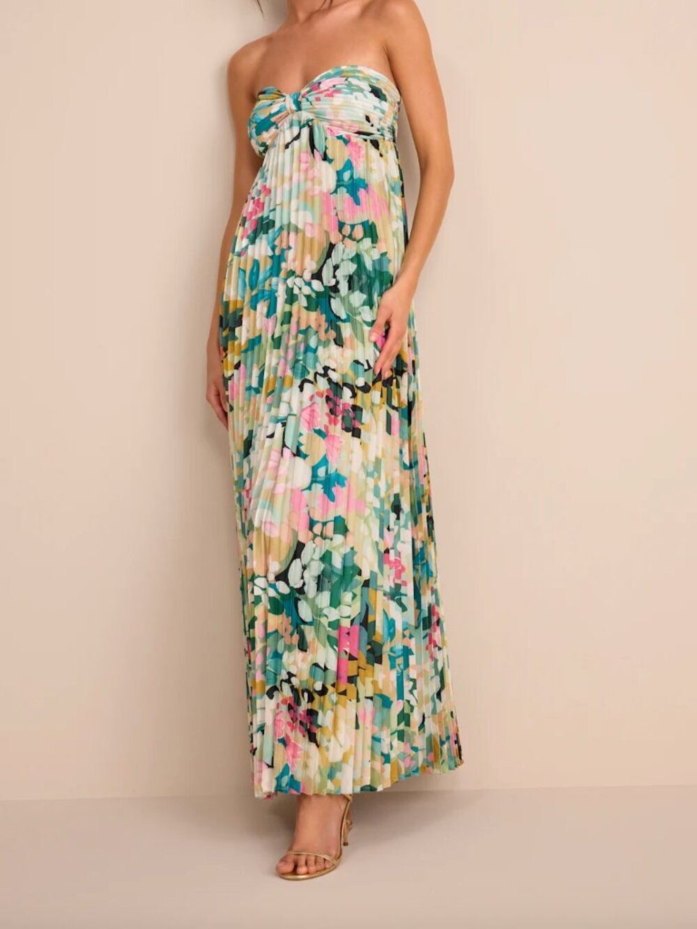 Lulus Whimsical Beauty Multi Floral Satin Plisse Strapless Maxi Dress Large